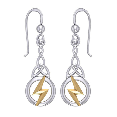 Zeus God Lightning Bolt with Celtic Trinity Knot Silver and Gold Earrings MER1966