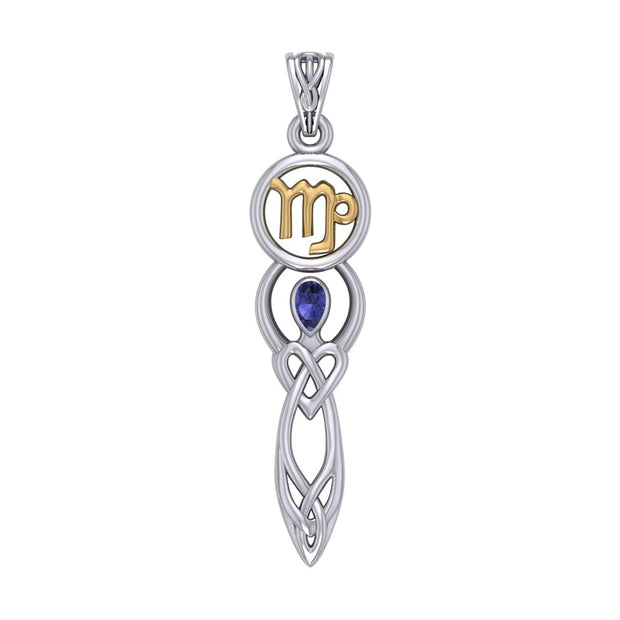 Celtic Goddess Virgo Astrology Zodiac Sign Silver and Gold Accents Pendant with Created Sapphire MPD5940