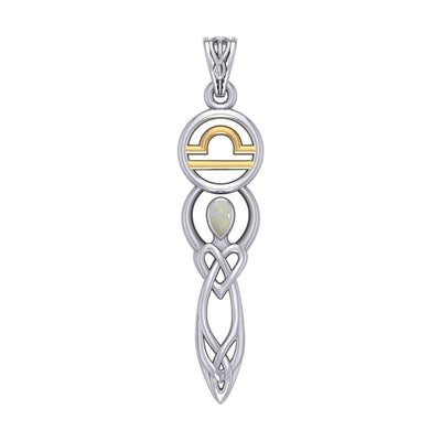 Celtic Goddess Libra Astrology Zodiac Sign Silver and Gold Accents Pendant with Opal MPD5941