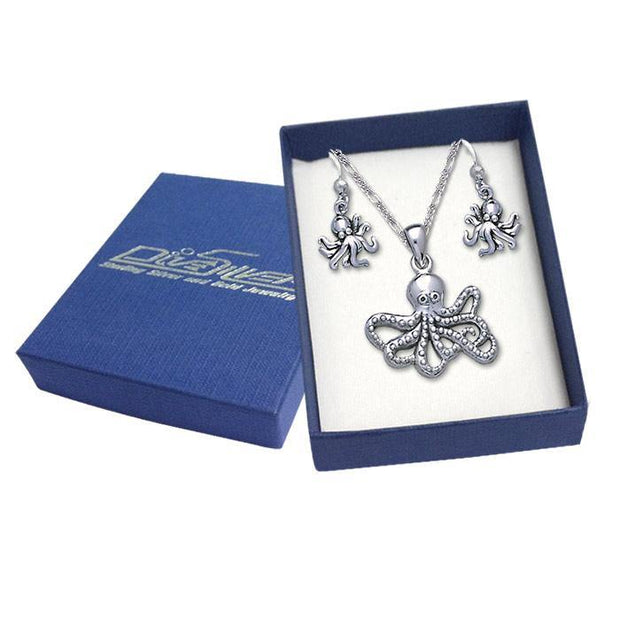 Sterling Silver Octopus Pendant with Chain and Earrings Set SET055