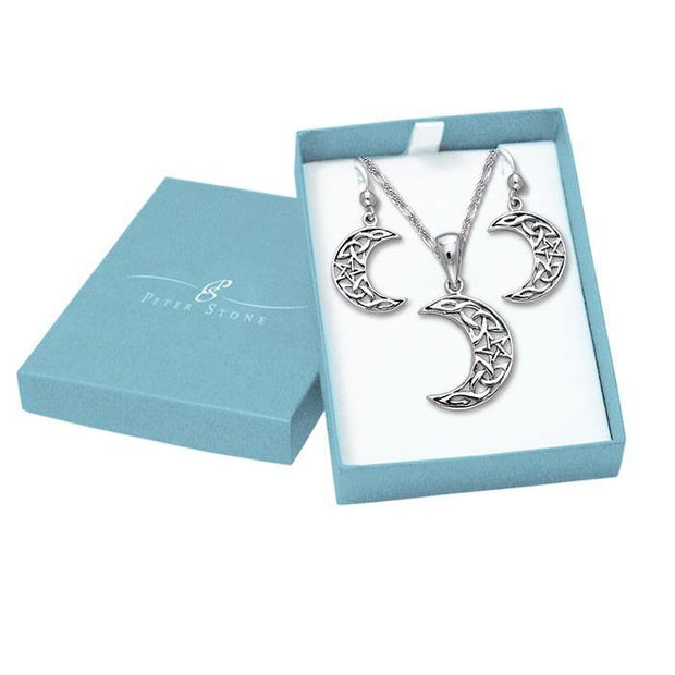 Celtic Crescent Moon with Star Silver Pendant Earrings with Free Chain Jewelry Gift Box Set SET065