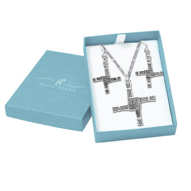 Saint Brigid Cross Silver Pendant Earrings with Free Chain Jewelry Gift Box Set SET067