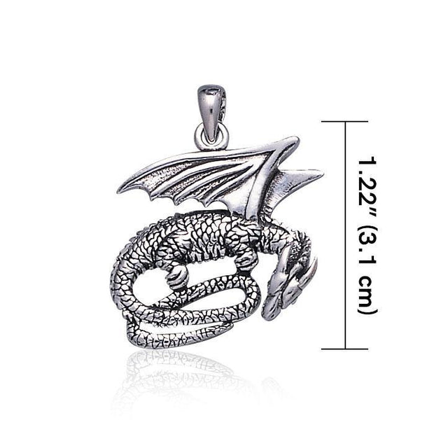 Slumbering Winged Dragon ~ Sterling Silver Jewelry Pendant TP844