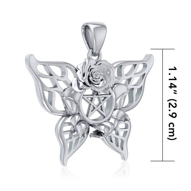 Butterfly with Rose and Pentacle Sterling Silver Pendant TPD5029