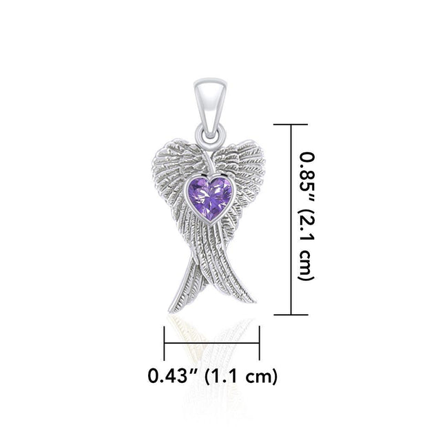 Heart Gemstone and Double Angel Wings Silver Pendant TPD5229