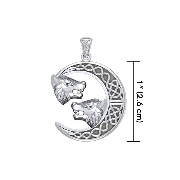 Double Wolf Heads with Celtic Crescent Moon Silver Pendant TPD5424
