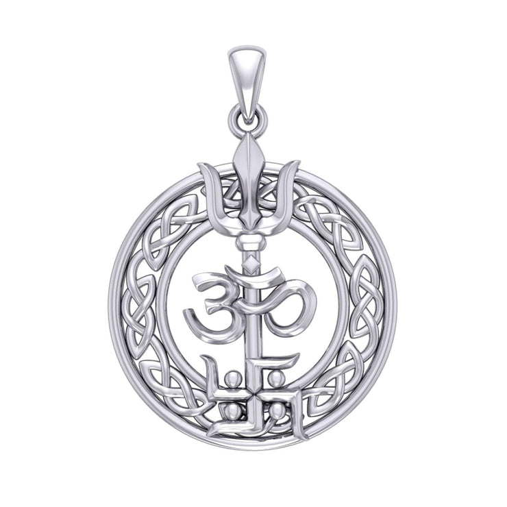 The Trishul Om Swastik Symbols Silver Pendant with Celtic Border TPD7001