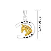 The significant symbol of the Middle Age ~ Sterling Silver Friesian Horse in Horseshoe Pendant Jewelry with 14k Gold Accent MPD2101