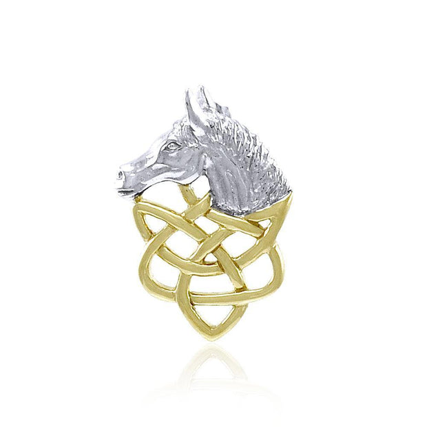A symbolism of power, grace, and strength ~ Celtic Knotwork Horse Head Sterling Silver Pendant with 14k Gold accent MPD360