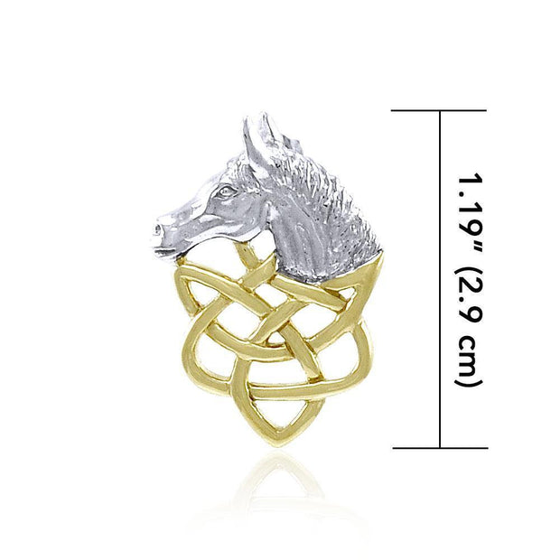 A symbolism of power, grace, and strength ~ Celtic Knotwork Horse Head Sterling Silver Pendant with 14k Gold accent MPD360