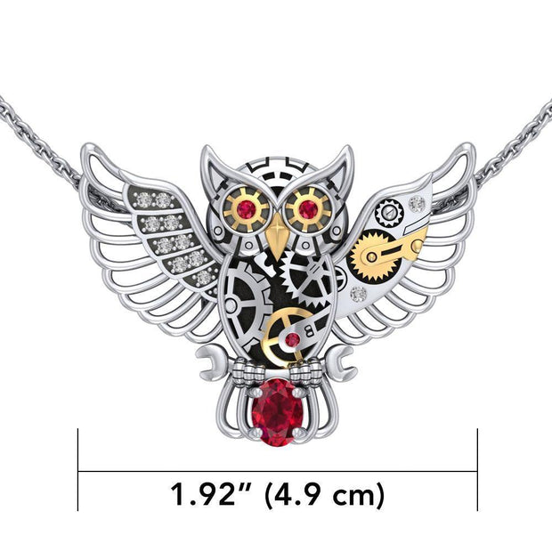Steampunk Owl Silver and Gold Pendant with Gemstone MPD5070