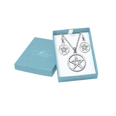 Pentacle Silver Pendant Earrings with Free Chain Jewelry Gift Box Set SET016