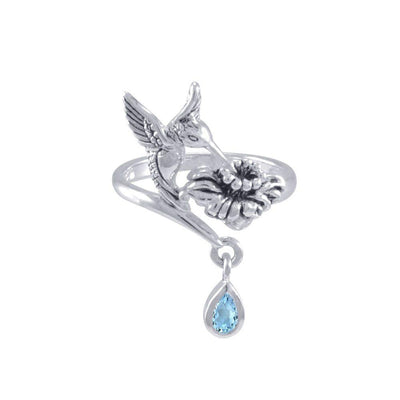 Silver Flying Hummingbird with Dangling Gemstone Flower Ring TRI1808