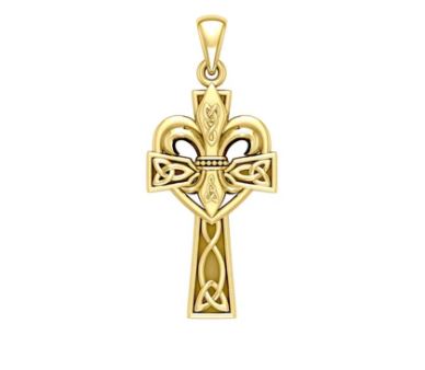 A Potent Blend of Celtic Elements: A 14K Solid Gold Pendant with a Celtic Cross and Fleur-de-Lis