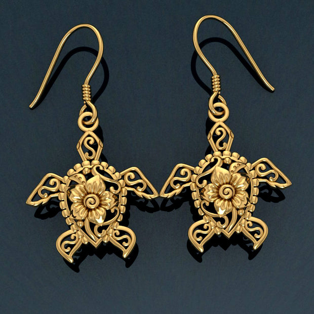 Sea Turtle Filigree Hook Earrings in 14k Gold GER1706