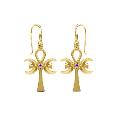 A breath of life ~ Solid Yellow Gold Triple Goddess Ankh Hook Earrings with Gemstone GER1708