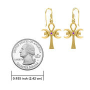 A breath of life ~ Solid Yellow Gold Triple Goddess Ankh Hook Earrings with Gemstone GER1708