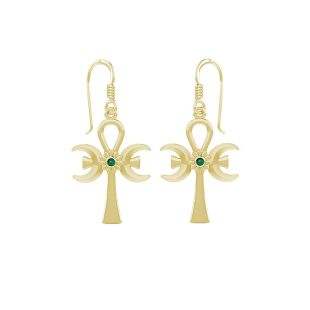 A breath of life ~ Solid Yellow Gold Triple Goddess Ankh Hook Earrings with Gemstone GER1708