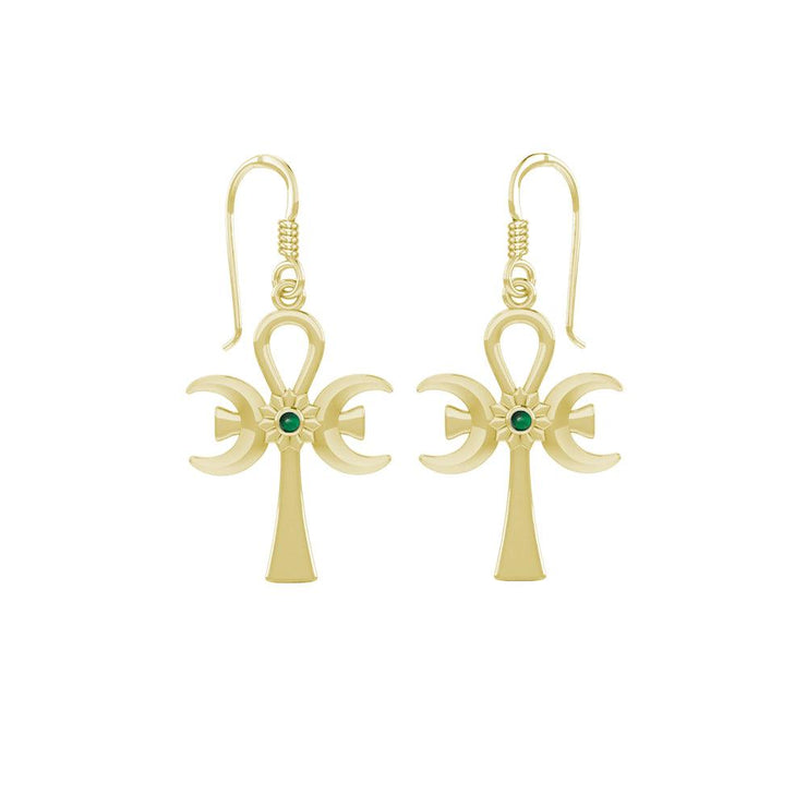 A breath of life ~ Solid Yellow Gold Triple Goddess Ankh Hook Earrings with Gemstone GER1708