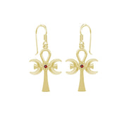 A breath of life ~ Solid Yellow Gold Triple Goddess Ankh Hook Earrings with Gemstone GER1708