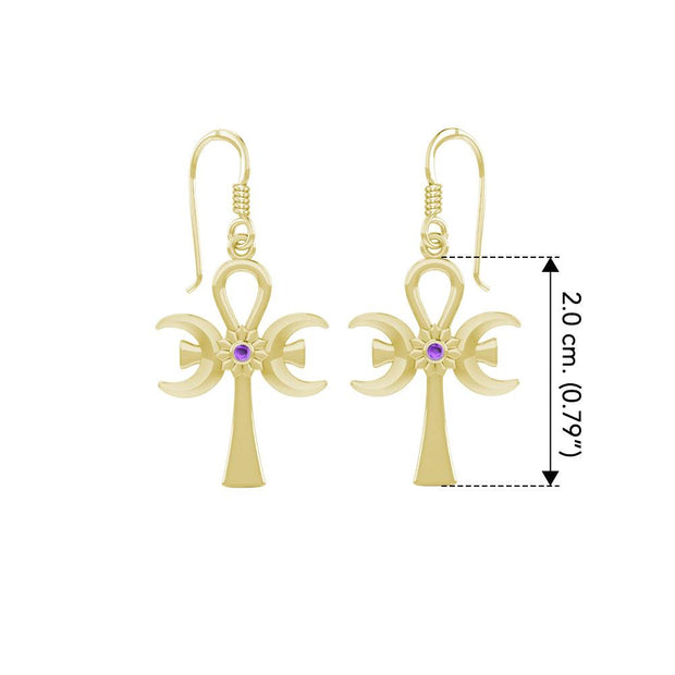 A breath of life ~ Solid Yellow Gold Triple Goddess Ankh Hook Earrings with Gemstone GER1708