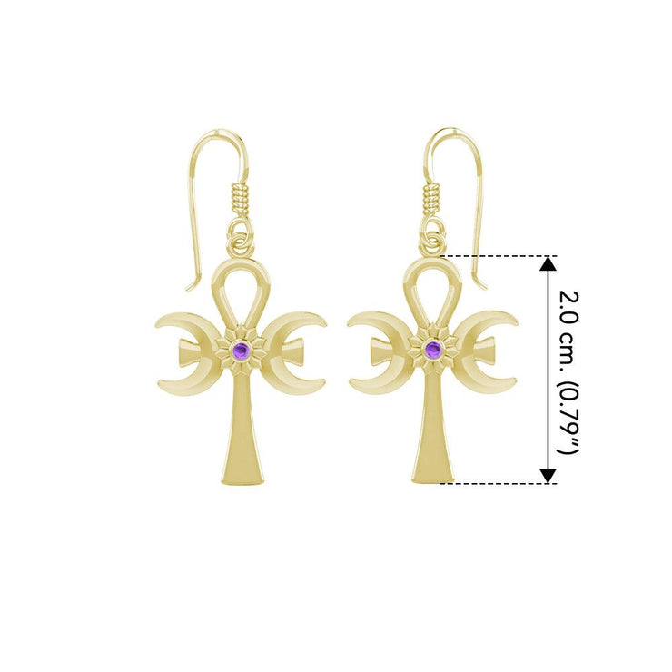 A breath of life ~ Solid Yellow Gold Triple Goddess Ankh Hook Earrings with Gemstone GER1708