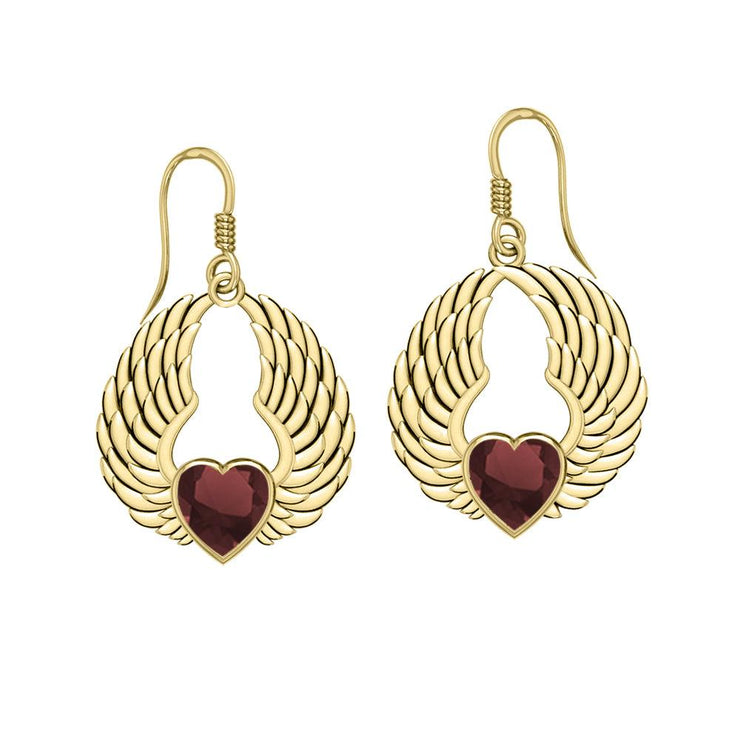 Gemstone Heart and Angel Wings Solid Yellow Gold Earrings GER1742