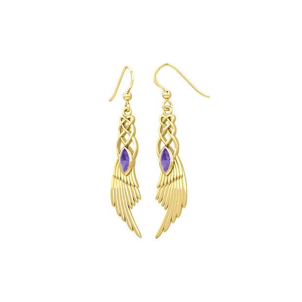 Celtic Knot Angel Wing Solid Yellow Gold Earrings with Marquise Gemstone GER1928