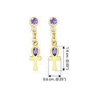 Solid Gold Ankh Post Dangling Earrings with Gemstone GER2190