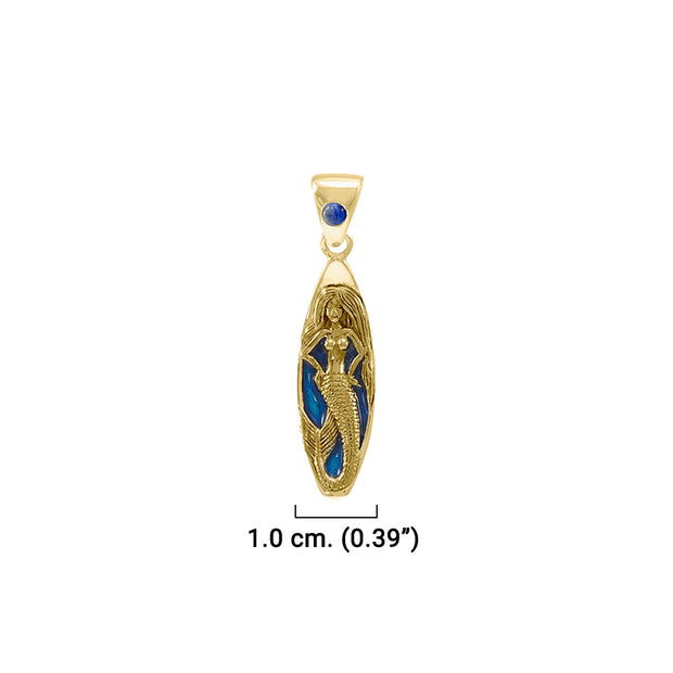 Mermaid Surfboard Solid Gold Pendant with Enamel and Gemstone GPD077