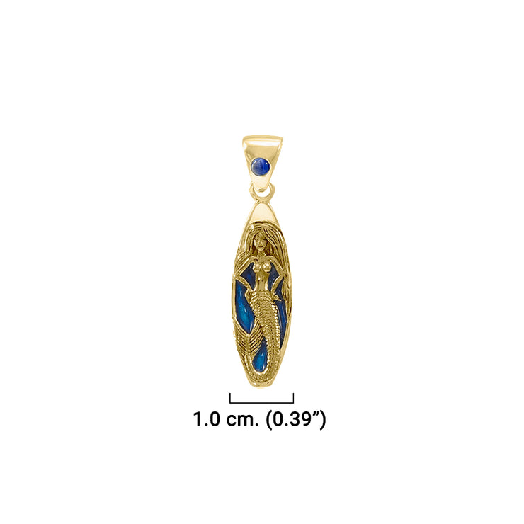 Mermaid Surfboard Solid Gold Pendant with Enamel and Gemstone GPD077