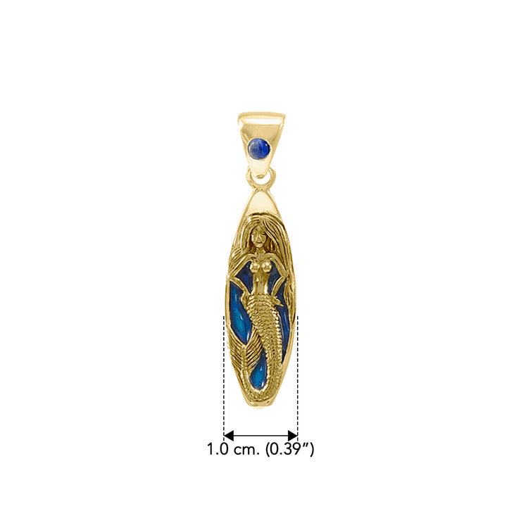 Mermaid Surfboard Solid Gold Pendant with Enamel and Gemstone GPD077