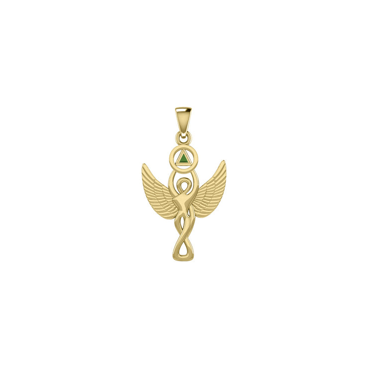 Solid Yellow Gold Winged Goddess Pendant With Inlaid Recovery Symbol GPD5321