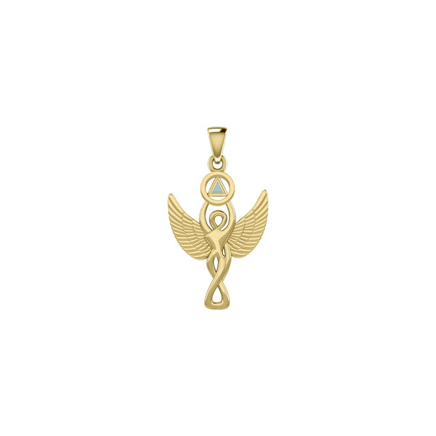 Solid Yellow Gold Winged Goddess Pendant With Inlaid Recovery Symbol GPD5321