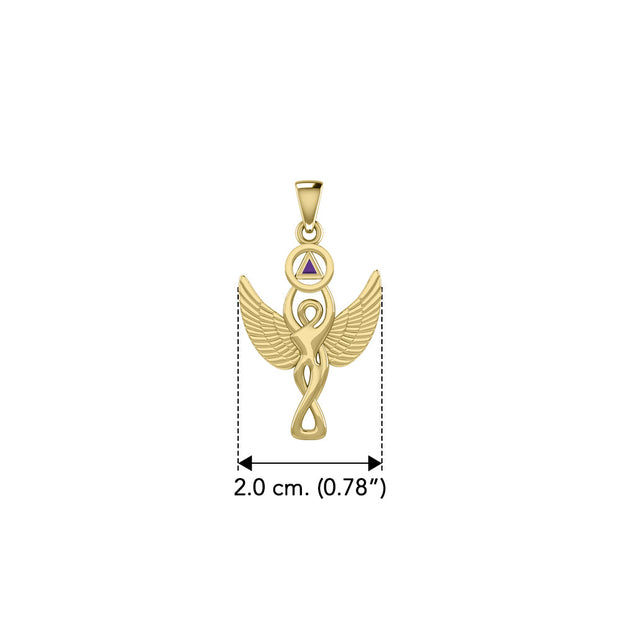 Solid Yellow Gold Winged Goddess Pendant With Inlaid Recovery Symbol GPD5321