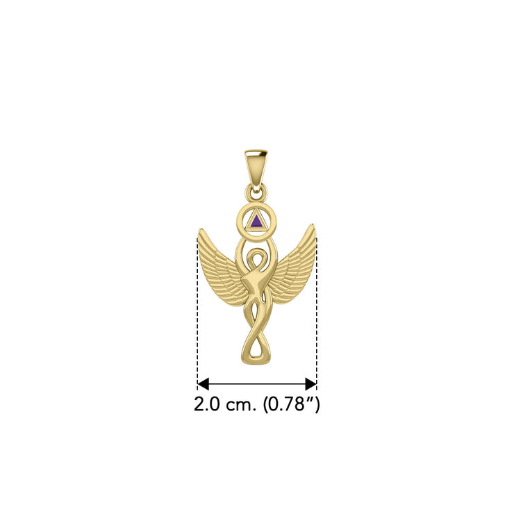 Solid Yellow Gold Winged Goddess Pendant With Inlaid Recovery Symbol GPD5321