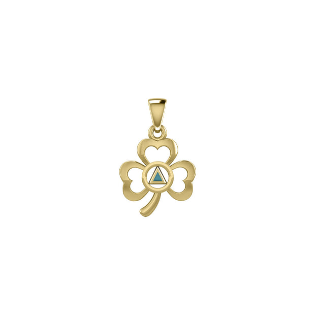 Solid Yellow Gold Celtic Shamrock Pendant with Inlaid Recovery Symbol GPD5322