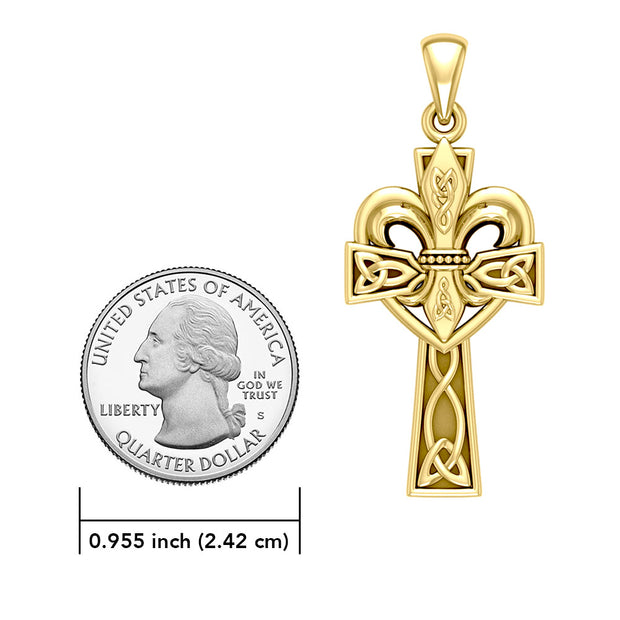 A powerful combination of Celtic elements ~ 14K Solid Gold Jewelry Pendant in Fleur-de-Lis and Celtic Cross GPD5994