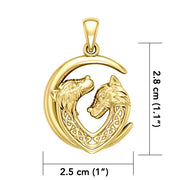 Double Celtic Wolves with Crescent Moon Solid Gold Pendant GPD6042