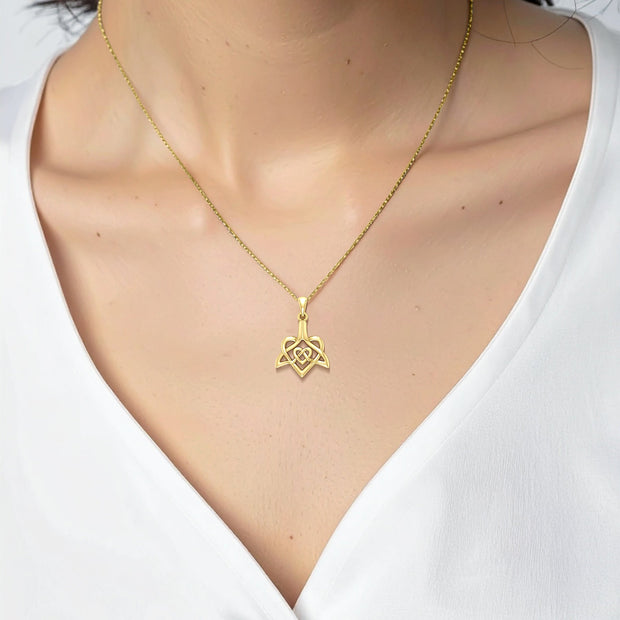 Celtic Whale Tail And Double Heart Solid Yellow Gold Pendant GPD6055