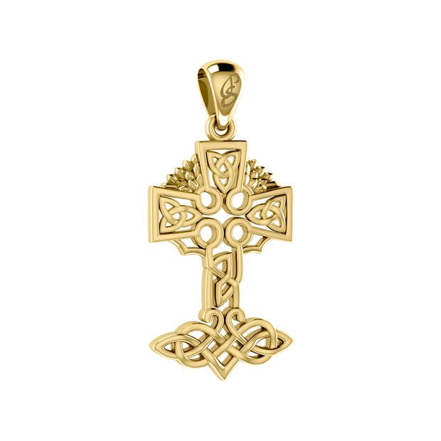 Celtic Tree of Life Irish Cross 14 Karat Solid Yellow Gold Pendant GPD6123