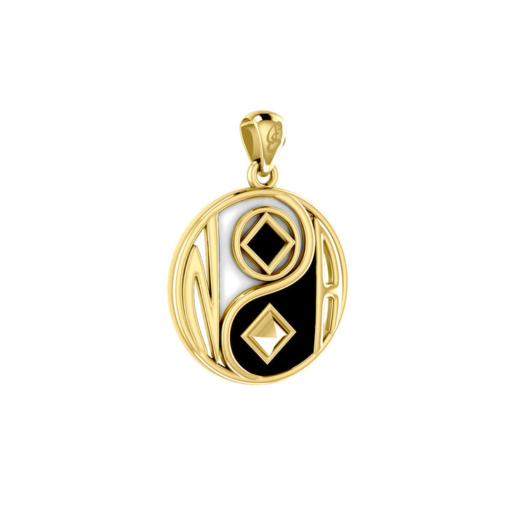 Balancing Yin Yang With NA Recovery Symbol Solid Gold Pendant with Black and White Enamel GPD6352
