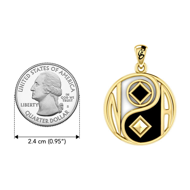 Balancing Yin Yang With NA Recovery Symbol Solid Gold Pendant with Black and White Enamel GPD6352