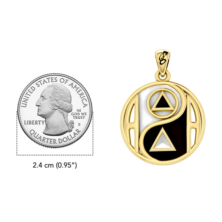 Balancing Yin Yang With AA Recovery Symbol Solid Gold Pendant with Black and White Enamel GPD6353