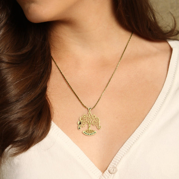 Tree of Life with Peace and Faith Symbols Solid Gold Pendant GPD6364