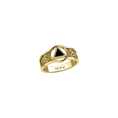 Solid Yellow Gold Celtic Trinity Knot Ring with Inlaid Stone Recovery Symbol GRI1931