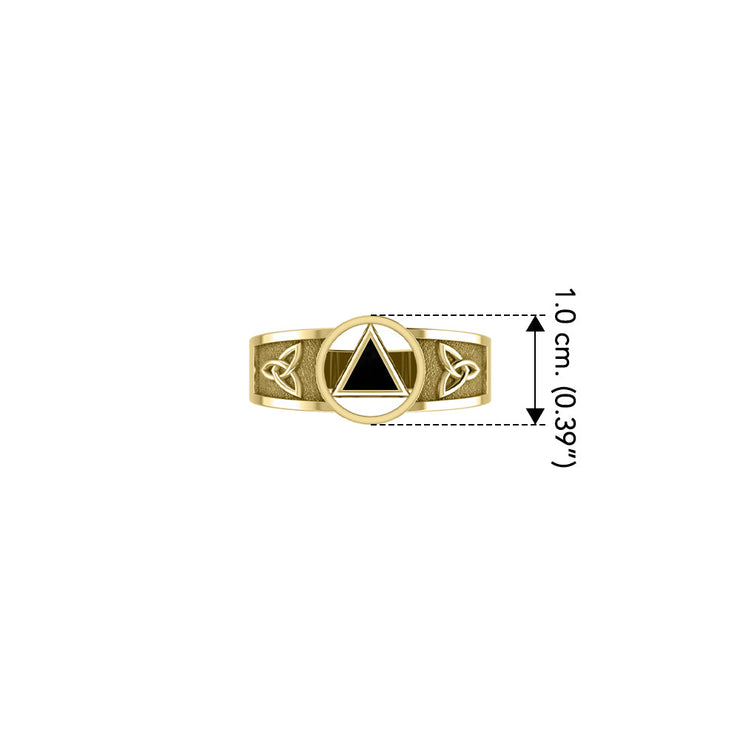 Solid Yellow Gold Celtic Trinity Knot Ring with Inlaid Stone Recovery Symbol GRI1931