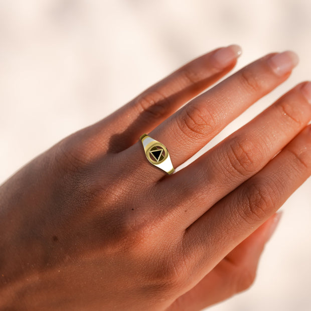 Small Solid Yellow Gold Ring with Inlaid Stone Recovery Symbol GRI1932