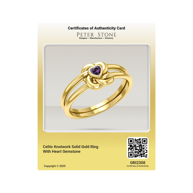 Celtic Knotwork Solid Yellow Gold Ring With Heart Gemstone GRI2308