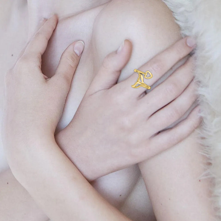 Whale Tail with Heart Solid Yellow Gold Wrap Ring GRI2342